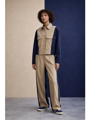 by Eylül Ertürk Bej Şerit Detaylı Saten Lacivert Pantolon