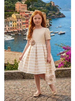 Pamina Kız Çocuk Çantalı Kuşaklı Elbise Bej 36179