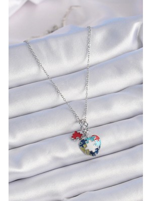 Alvo Store Buğz 316L Çelik Gümüş Renk Yapboz Motif Kalp Figür Charm Model Kadın Kolye - Buğz