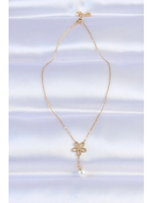 Alvo Store Buğz 316L Çelik Zincir Gold Renk Inci Detay Çiçek Kolye - Buğz
