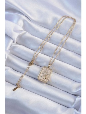 Alvo Store Buğz 316L Çelik Zincir Altın Renk Zirkon Taşlı Aslan Figürlü Tarot Kolye - Buğz