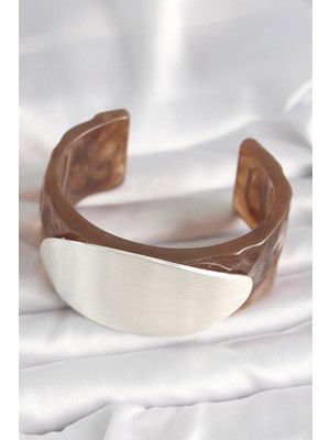 Alvo Store Buğz Kahverengi Mermer Desen Akrilik Plastik Gümüş Oval Plaka Model Vintage Kadın Bilezik - Buğz