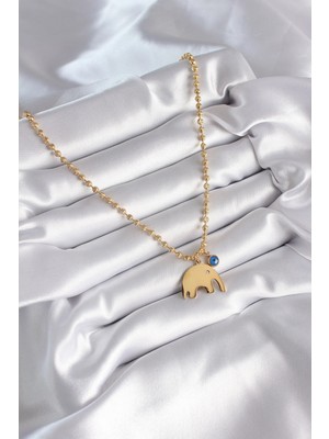 Alvo Store Buğz 316L Çelik Gold Renk Top Zincir Model Fil Figür Nazar Boncuk Detay Kadın Kolye - Buğz
