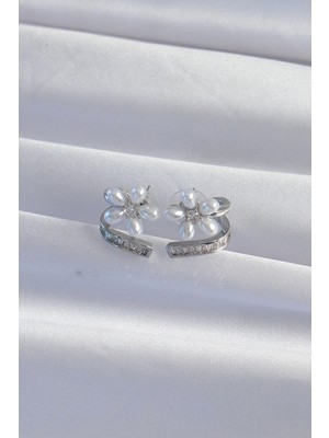 Alvo Store Buğz Pirinç Gümüş Renk Zirkon Taşlı Kıvrımlı Inci Çiçek Küpe - Buğz