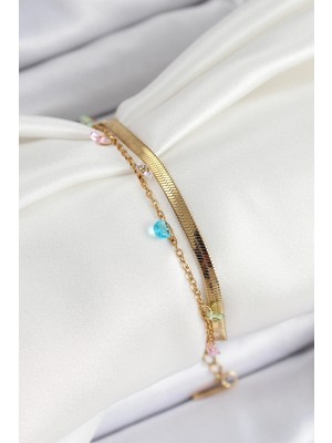 Alvo Store Buğz 316L Çelik Gold Renk Karışık Renkli Kristal Taşlı 2'li Kadın Bileklik - Buğz