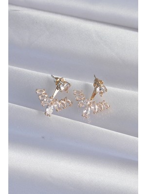 Alvo Store Buğz Pirinç Gold Renk Zirkon Taşlı V Model Küpe - Buğz