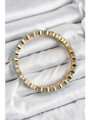 Alvo Store Buğz Pirinç Zirkon Taşlı Turkuaz Nazar Model Gold Renk Lastikli Kadın Bileklik - Buğz