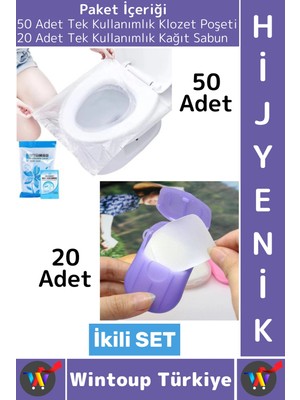Wintoup #hijyenseti Çanta Boy Tek Kullanımlık 50'li Tuvalet Klozet Kapak Poşeti 20'li Kağıt Sabun Ikili Set