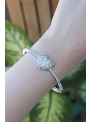 Alvo Store Buğz Vip Seri Pirinç Zirkon Taşlı Gümüş Renk Kalp Model Kelepçe - Buğz