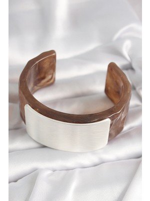 Alvo Store Buğz Kahverengi Mermer Desen Akrilik Plastik Gümüş Dikdörtgen Plaka Vintage Kadın Bilezik - Buğz