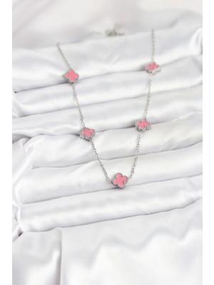 Alvo Store Buğz 316L Çelik Zincir Gümüş Renk Pembe Baby Boy Yonca Kadın Kolye - Buğz