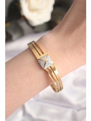 Alvo Store Buğz 316L Çelik Zirkon Taşlı Gold Renk Kadın Kelepçe Bilezik - Buğz