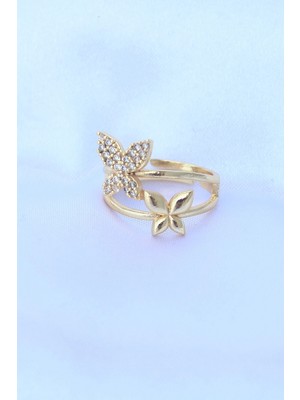 Alvo Store Buğz Pirinç Gold Renk Ayarlanabilir Zirkon Taşlı Kelebek Yüzük - Buğz