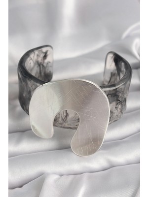 Alvo Store Buğz Siyah Mermer Desen Akrilik Plaka Vintage Kadın Bilezik - Buğz