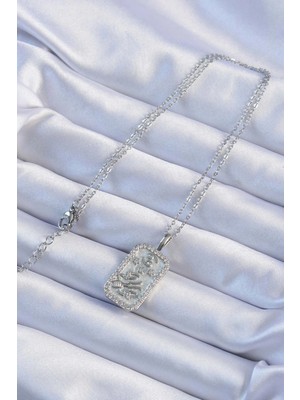 Alvo Store Buğz 316L Çelik Zincir Gümüş Renk Zirkon Taşlı Çerçeveli Tarot Kolye - Buğz