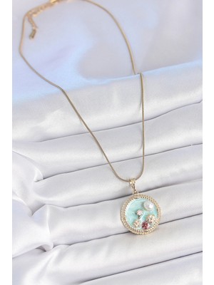 Alvo Store Buğz 316L Çelik Gold Renk Zincir Mavi Mineli Inci Çiçek Işlemeli Zirkon Taş Detaylı Madalyon Model Kadın Kolye - Buğz