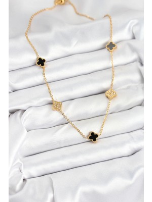 Alvo Store Buğz 316L Çelik Zincir Gold Renk Siyah ve Zirkon Taşlı Baby Boy Yonca Kadın Kolye - Buğz