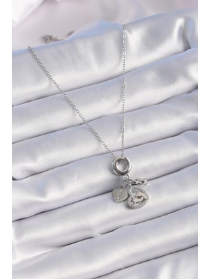 Alvo Store Buğz 316L Çelik Gümüş Renk Zirkon Taş Detay Kalp Model Charm Kadın Kolye - Buğz