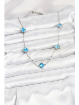 Alvo Store Buğz 316L Çelik Zincir Gümüş Renk Buz Mavisi Baby Boy Yonca Kadın Kolye - Buğz