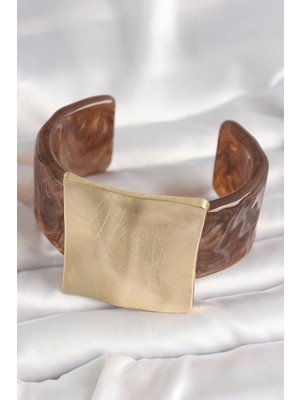 Alvo Store Buğz Kahverengi Mermer Desen Akrilik Plastik Gold Kare Plaka Model Vintage Kadın Bilezik - Buğz