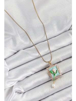 Alvo Store Buğz 316L Çelik Zincir Turkuaz Sanatsal Portre Sallantılı Inci Detaylı Lale Model Gold Renk Kadın Kolye - Buğz