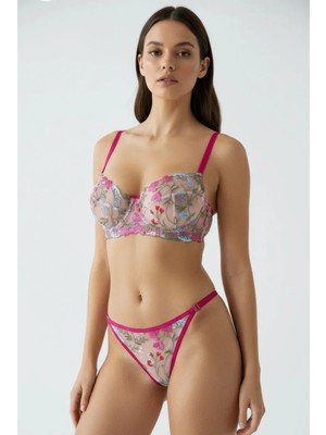 Freya Pembe Çiçek Desenli Balenli Tanga Model Iç Çamaşırı Takımı