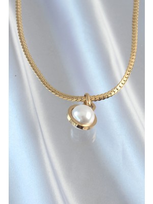 Alvo Store Buğz 316L Çelik Gold Renk Yassı Zincir Inci Taşlı Kolye - Buğz
