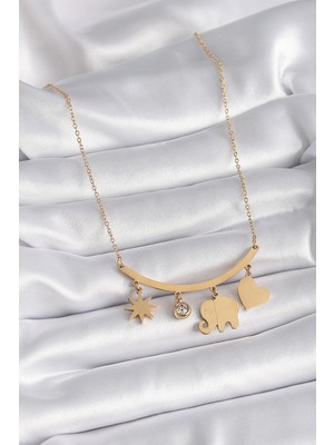 Alvo Store Buğz 316L Çelik Gold Renk Fil Figür Zirkon Taş Detay Kadın Kolye - Buğz