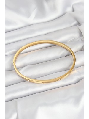 Alvo Store Buğz 316L Çelik Gold Renk Zirkon Taşlı 65 mm Ince Kadın Kelepçe Bileklik - Buğz