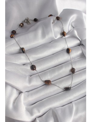 Alvo Store Buğz 316L Çelik Gümüş Renk Zincir Kahverengi Doğaltaş Model Kadın Kolye - Buğz