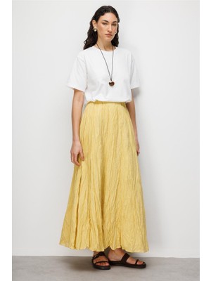 Mizalle Kırışık Görünümlü Saf Pamuk Sarı Maksi Etek