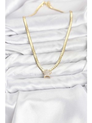 Alvo Store Buğz Gold Renk Pirinç Yıldız Zirkon Taşlı Kadın Kolye - Buğz