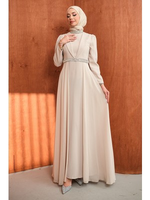 İmaj Butik Bej Yaka Detaylı Taşlı Abiye