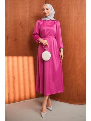 İmaj Butik Pembe Hakim Yaka Balon Kol Saten Abiye Elbise