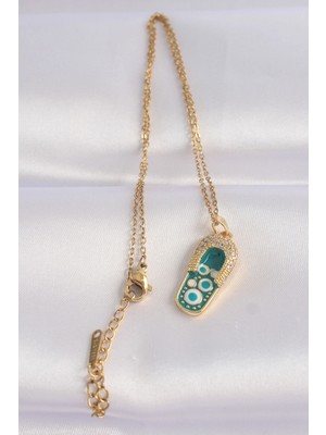 Alvo Store Buğz 316L Çelik Zincir Zirkon Taşlı Altın Renk Nazarlı Terlik Tasarımlı Kolye - Buğz