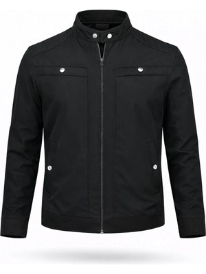 Regos Erkek Siyah Göğüs ve Kolları Çıtçıt Detaylı Omuzları Işlemeli Ince Yazlık Mevsimlik Mont&ceket