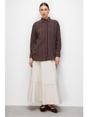 Mizalle Oversize Kahverengi Çizgili Gömlek