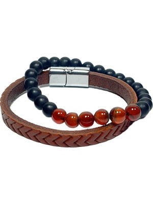 JTSS26BLK1710 Hakiki Deri Alaşımlı Metal Kilit Havlit Jasper Onyx ve Hematit Doğaltaş Kutulu Garantili Janti Kombin Bileklik