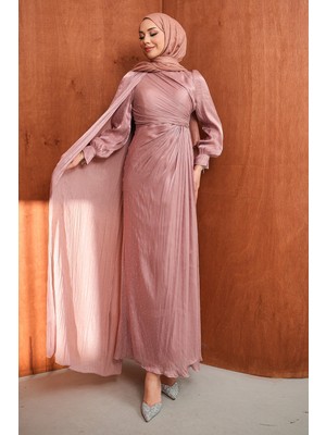İmaj Butik Pudra Pelerin Detaylı Drapeli Taşlı Abiye