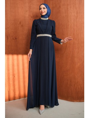 İmaj Butik Lacivert Yaka Detaylı Taşlı Abiye
