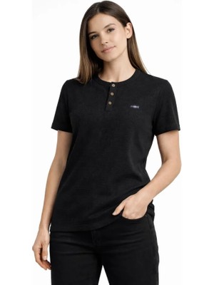 Janes Waffle Dokulu Likralı Henley Yaka Düğmeli Regular Kısa Kollu T-Shirt - Siyah