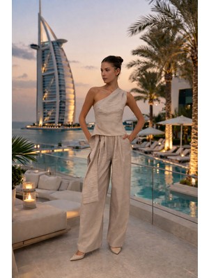 Caspara Kadın Asimetrik Tek Omuz Şık Tasarım - Geniş Paça Pantolonlu Beli Lastikli Zarif Yazlık Ikili Takım