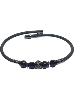 JTSS26BLK1736 Paslanmaz Çelik Bilezik Silikon Kaplama Zirkon Onyx ve Hematit Doğaltaşlı Garantili Janti Bileklik