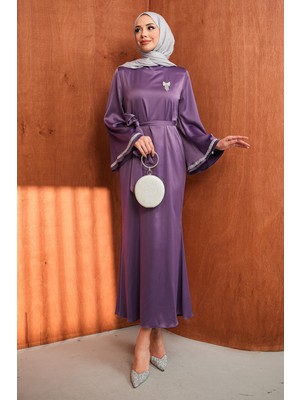 İmaj Butik Lila Kolu Taşlı Bel Kuşaklı Saten Abiye