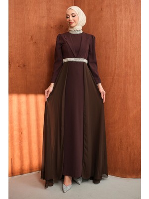 İmaj Butik Kahverengi Yaka Detaylı Taşlı Abiye