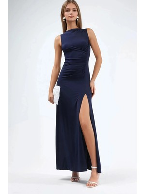 Hiccup Kadın Yırtmaçlı Büzgü Detaylı Sandy Maxi Elbise Lacivert