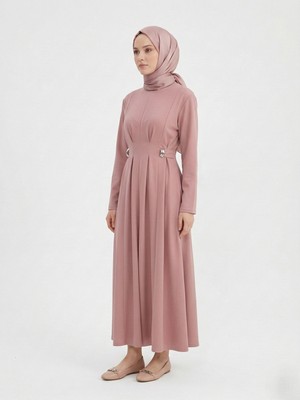 Foremia Önü Pensli Kuşak Aksesuar Detay Elbise-Pudra -