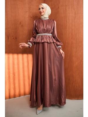 İmaj Butik Mürdüm Beli Volan Detaylı Taşlı Janjan Saten Abiye