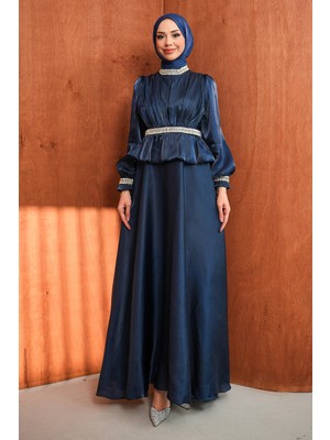 İmaj Butik Lacivert Beli Volan Detaylı Taşlı Janjan Saten Abiye
