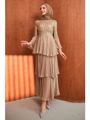 İmaj Butik Bej Eteği Katlı Payetli Abiye